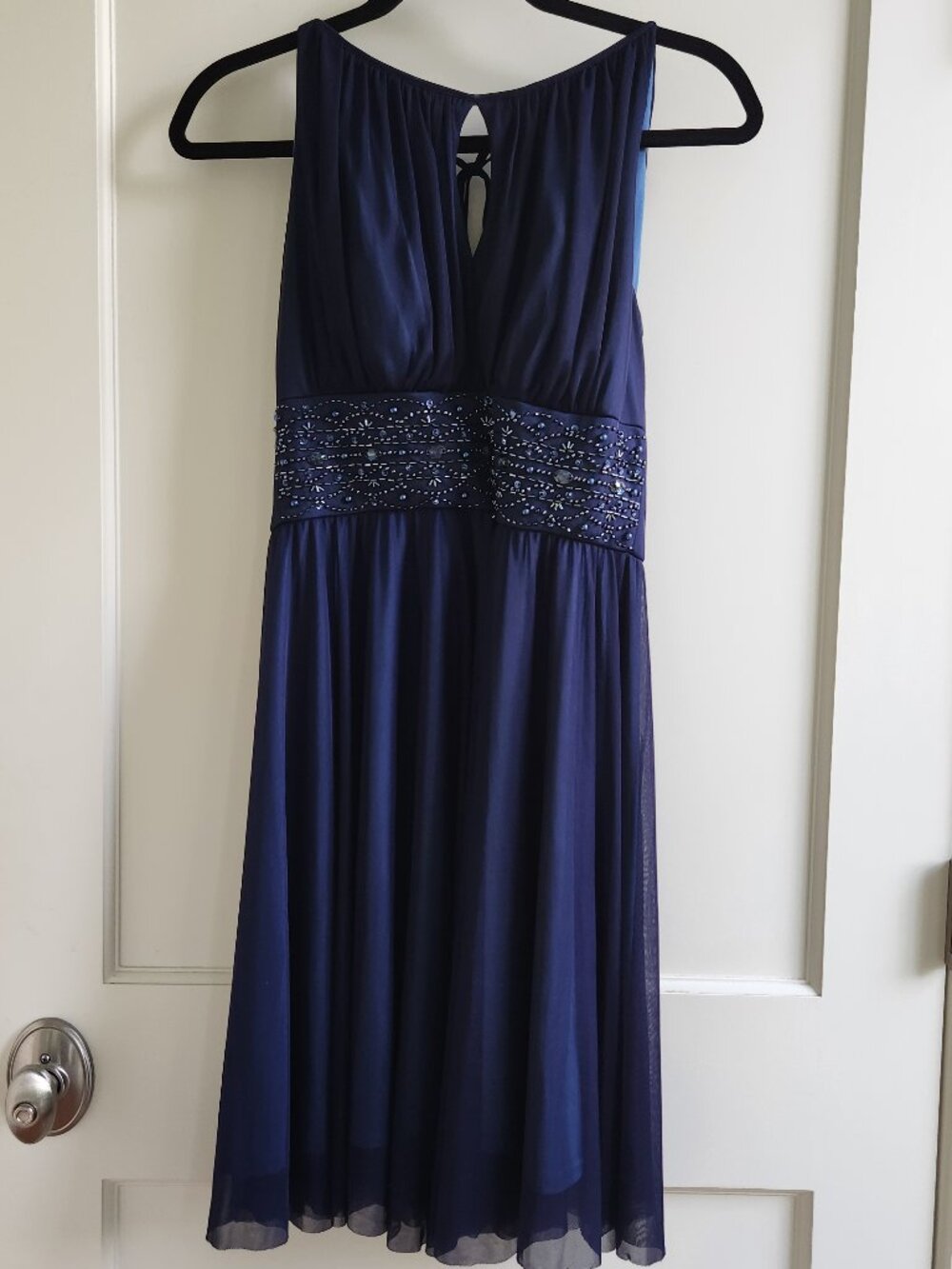 Jessica Howard Navy Chiffon Dress Beaded Waist Petite 8P Formal Cocktail Wedding